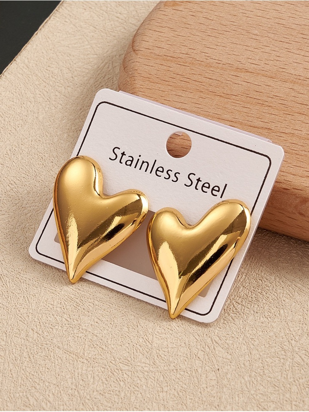 Gold Puffy Heart Stud Earrings 3D Domed Statement - Picture 5 of 5